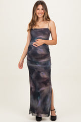 Charcoal Printed Mesh Ruched Sleeveless Maternity Maxi Dress