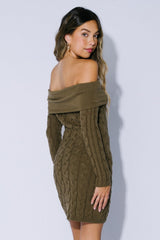 Olive Cable Knit Off Shoulder Mini Sweater Dress