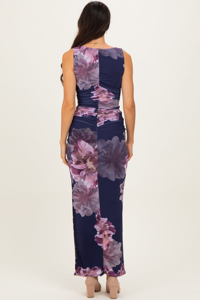 Navy Floral Ruched Sleeveless Midi Dress