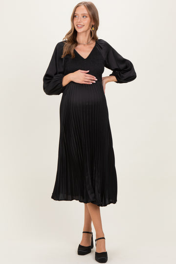 Black Satin Smocked Pleated Maternity Midi Dress