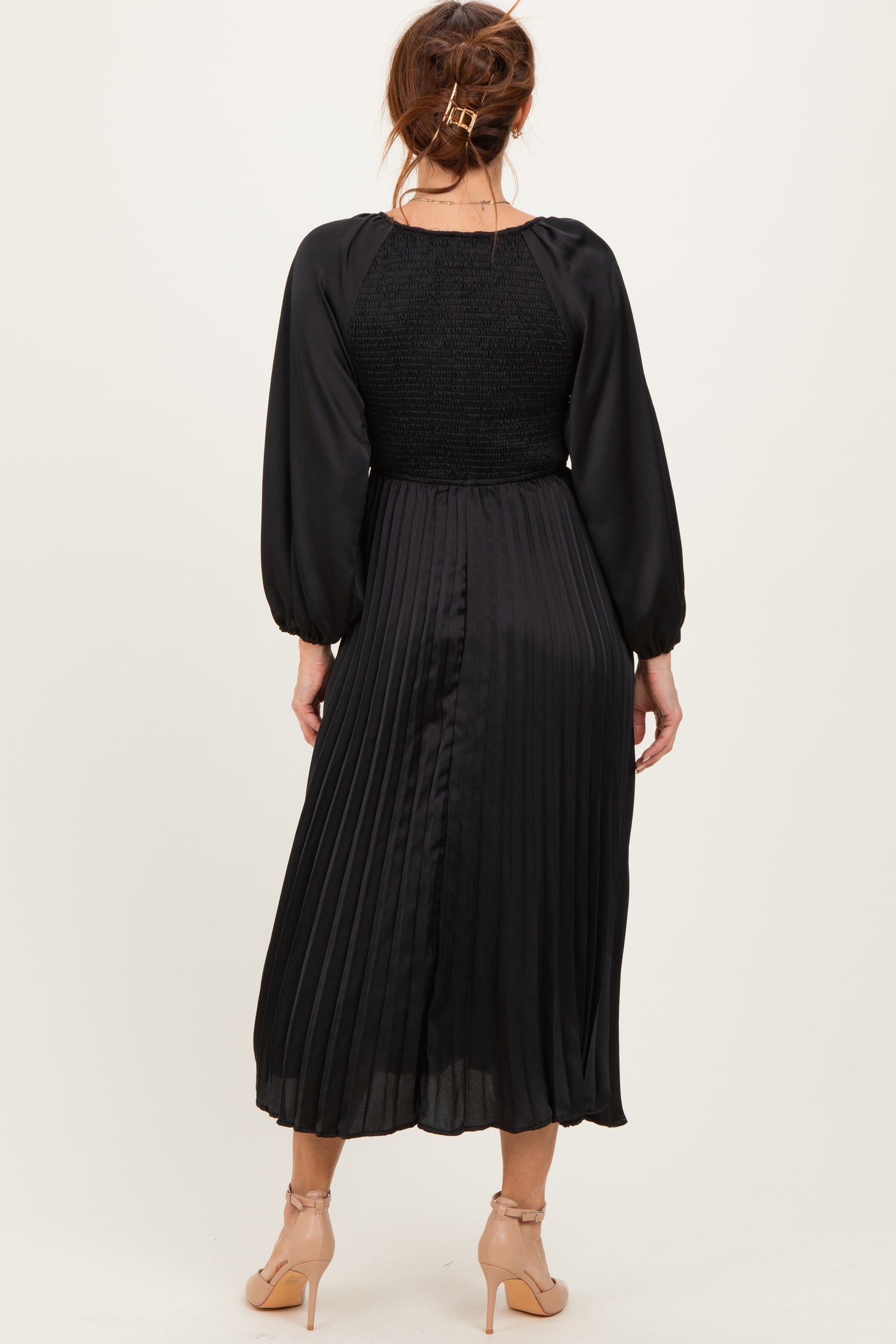 Black Satin Smocked Pleated Midi Dress