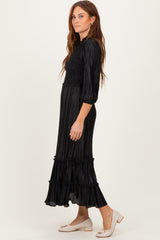 Black Pleated Satin Smocked Bodice Midi Dress