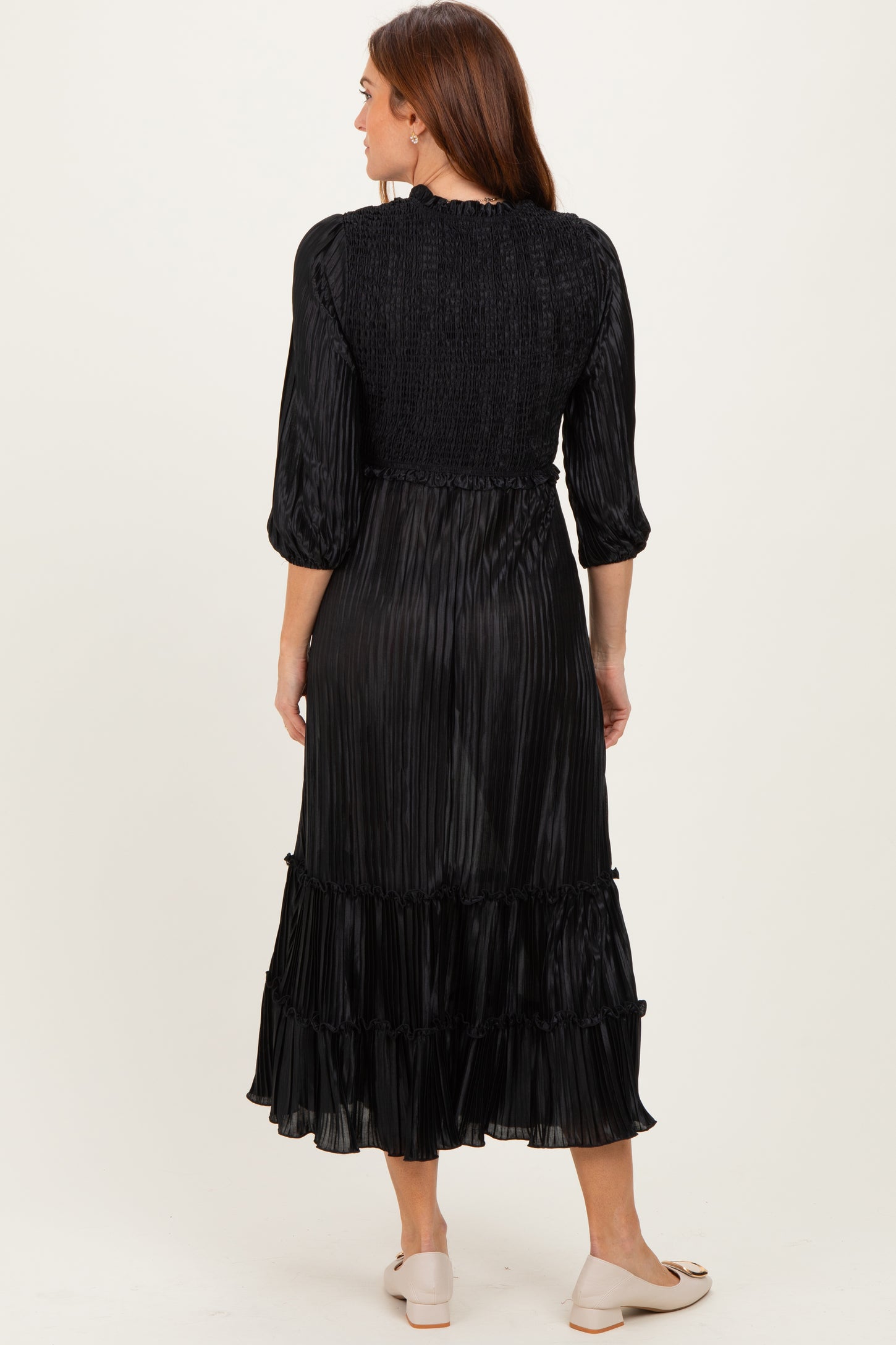 Black Pleated Satin Smocked Bodice Midi Dress