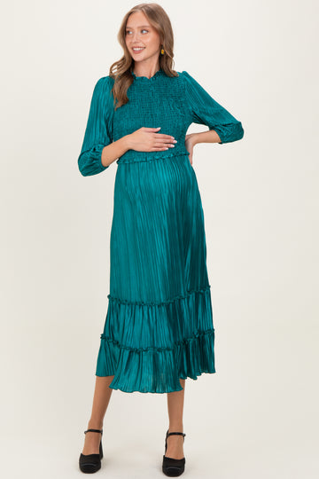 Forest Green Pleated Satin Smocked Bodice Maternity Midi Dress