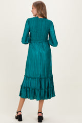 Forest Green Pleated Satin Smocked Bodice Maternity Midi Dress