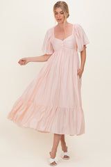 Light Pink Flutter Sleeve Ruffle Hem Midi Dress