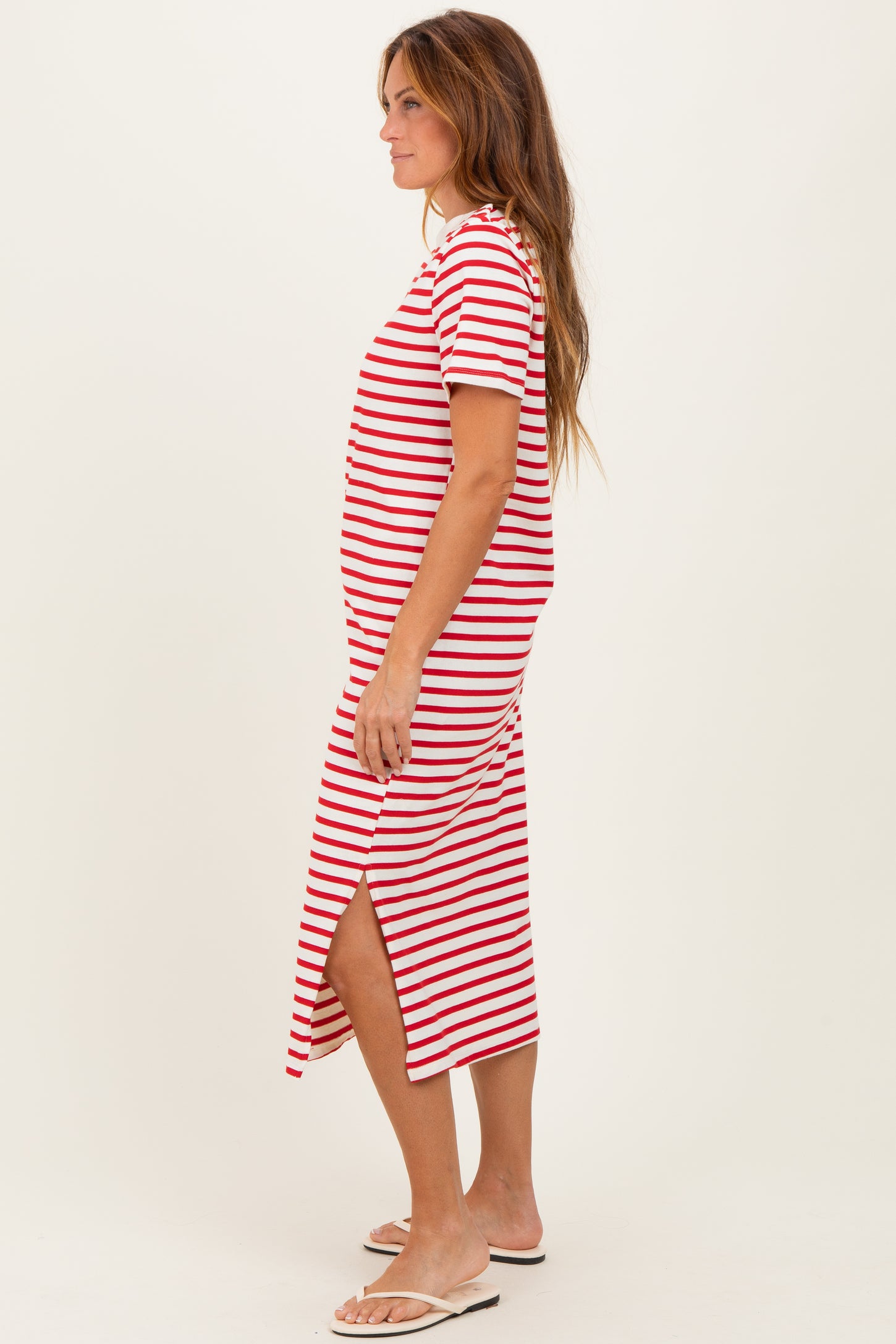 Red Striped Short Sleeve Midi Dress
