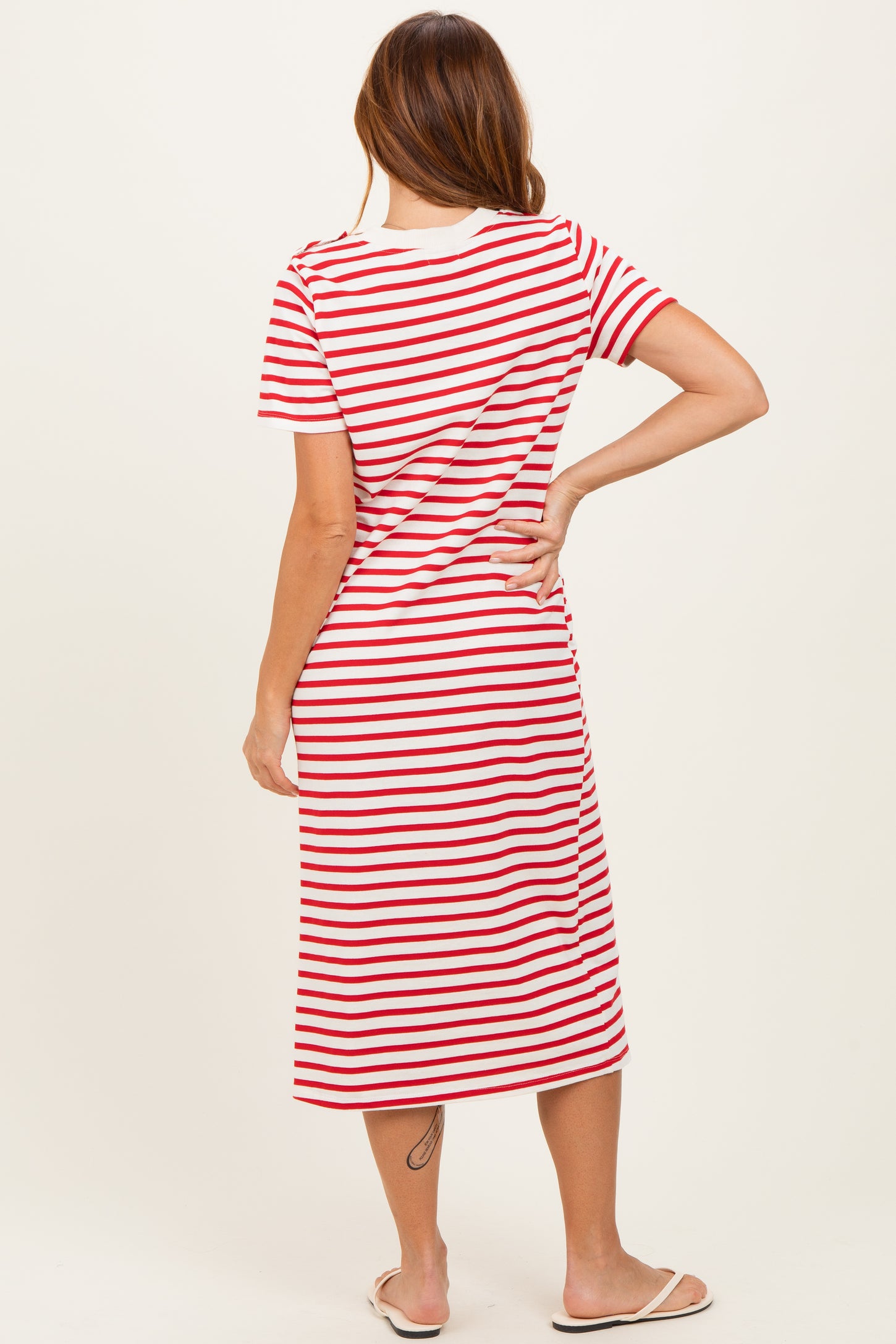 Red Striped Short Sleeve Midi Dress