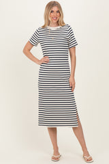 Navy Striped Short Sleeve Midi Dress