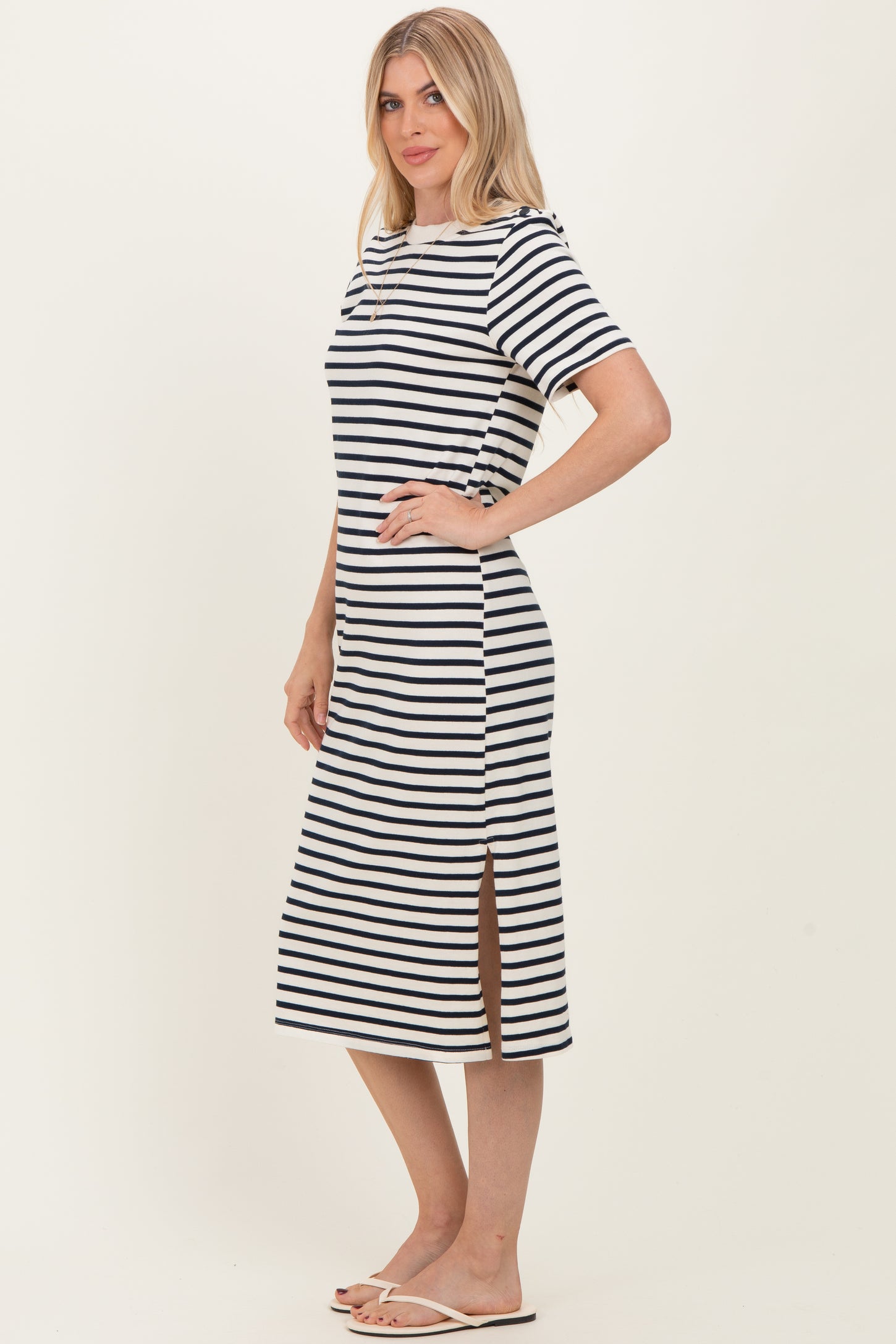 Navy Striped Short Sleeve Midi Dress