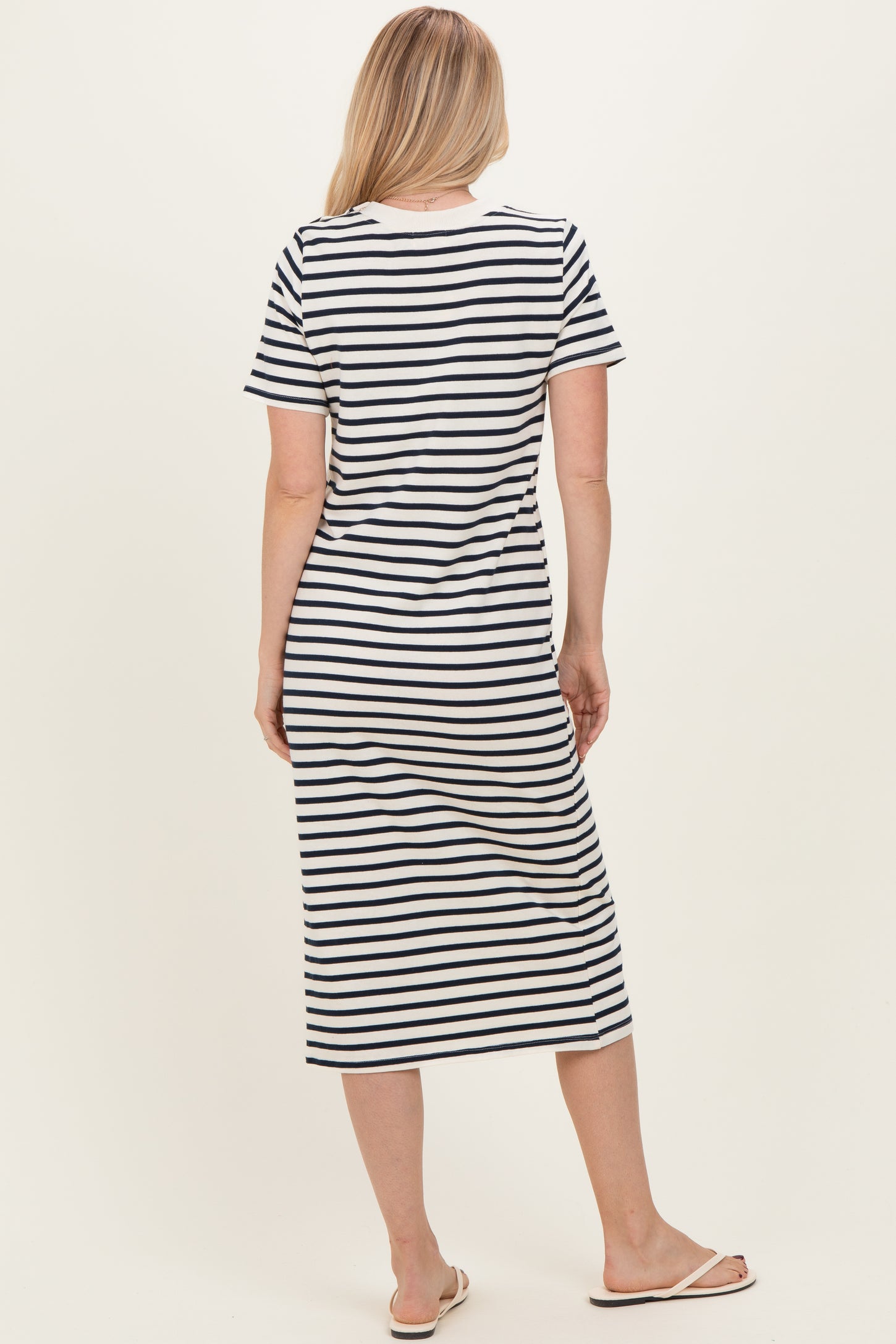 Navy Striped Short Sleeve Midi Dress