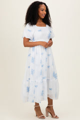 Ivory Floral Print Ruffle Hem Midi Dress