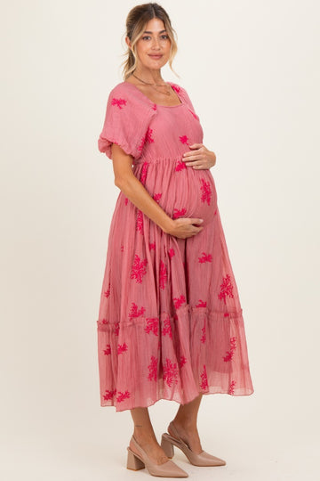 Pink Floral Print Ruffle Hem Maternity Midi Dress