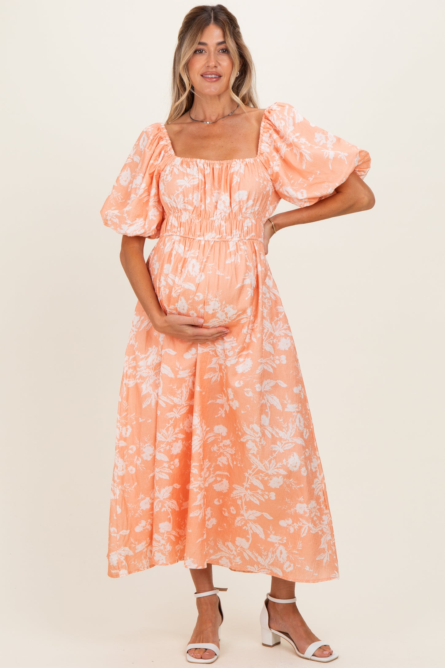 Peach Floral Textured Puff Sleeve Maternity Midi Dress