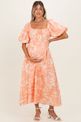 Peach Floral Textured Puff Sleeve Maternity Midi Dress