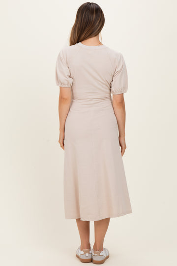 Beige Puff Sleeve Maternity Midi Dress