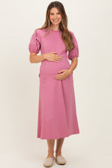 Pink Puff Sleeve Maternity Midi Dress