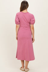 Pink Puff Sleeve Maternity Midi Dress