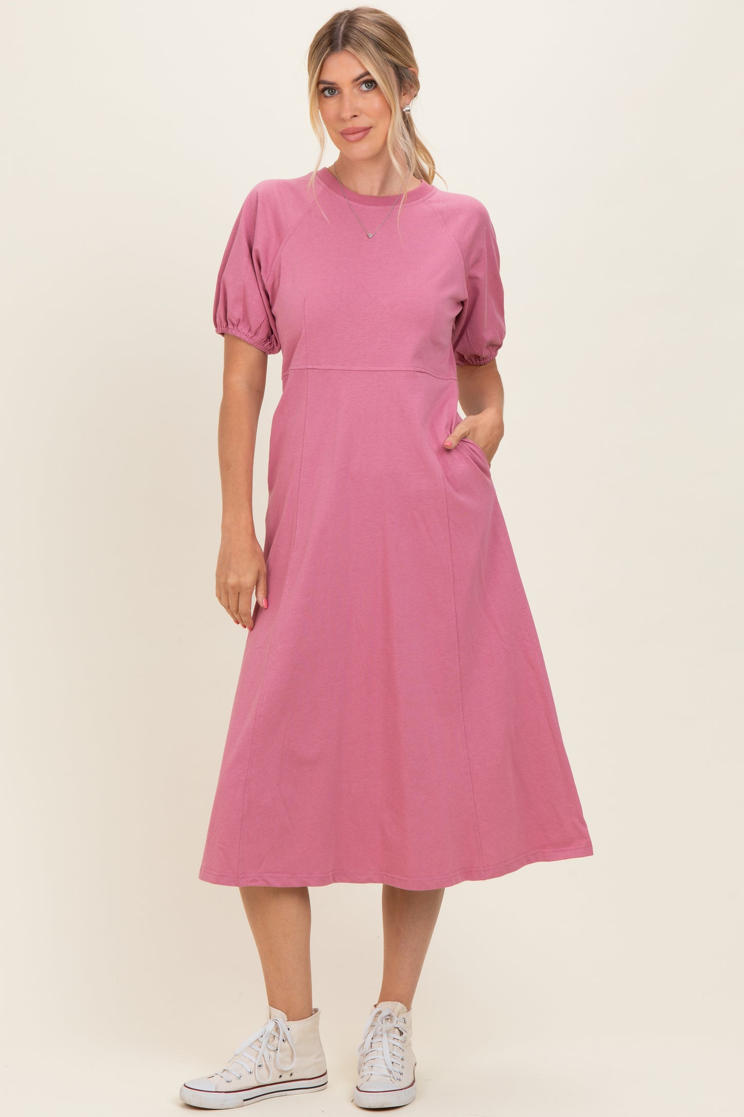 Pink Puff Sleeve Maternity Midi Dress