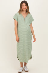 Sage Striped Button Detail Maternity Midi Dress
