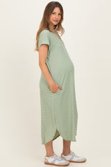 Sage Striped Button Detail Maternity Midi Dress