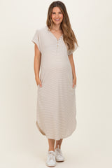 Grey Striped Button Detail Maternity Midi Dress
