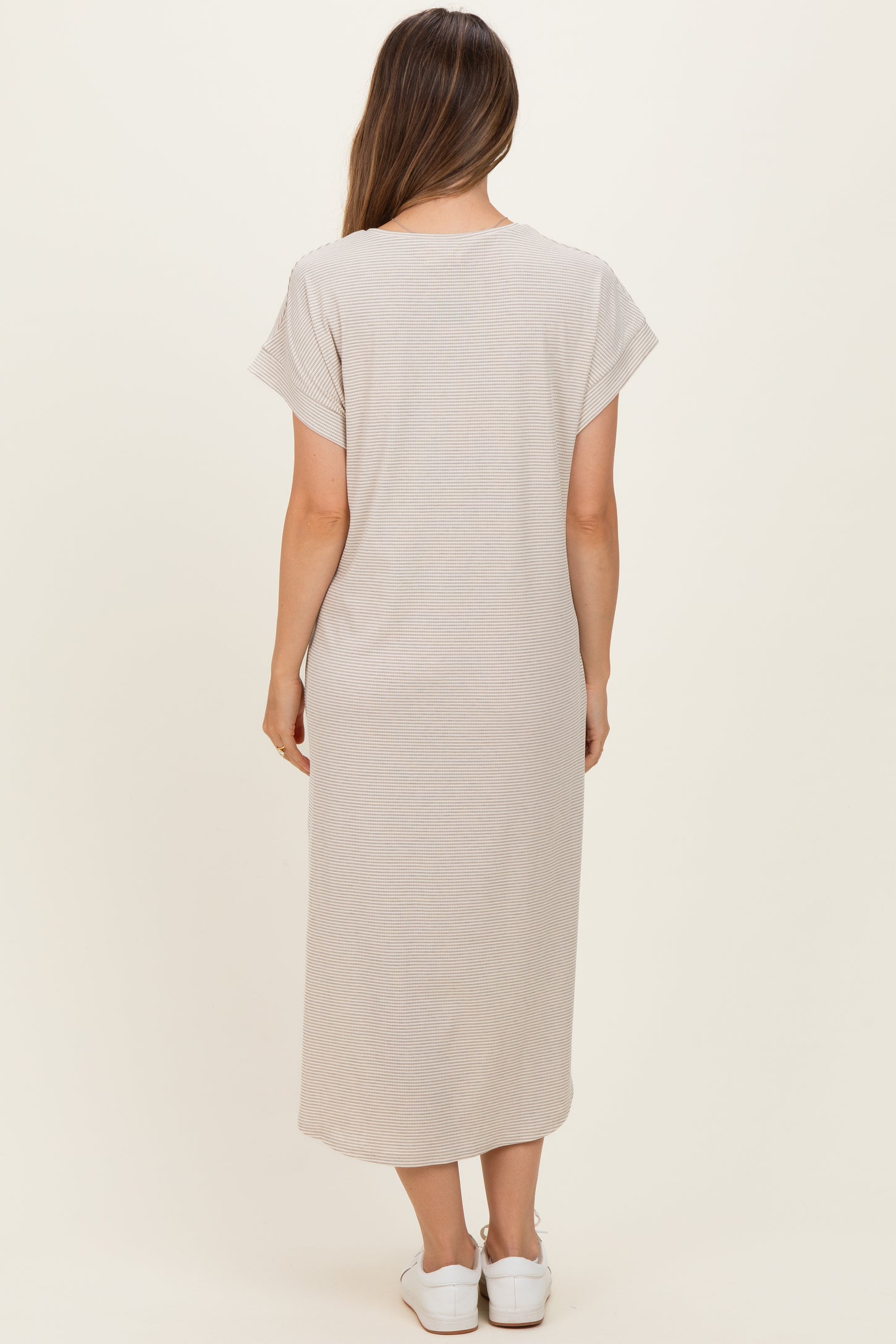 Grey Striped Button Detail Maternity Midi Dress