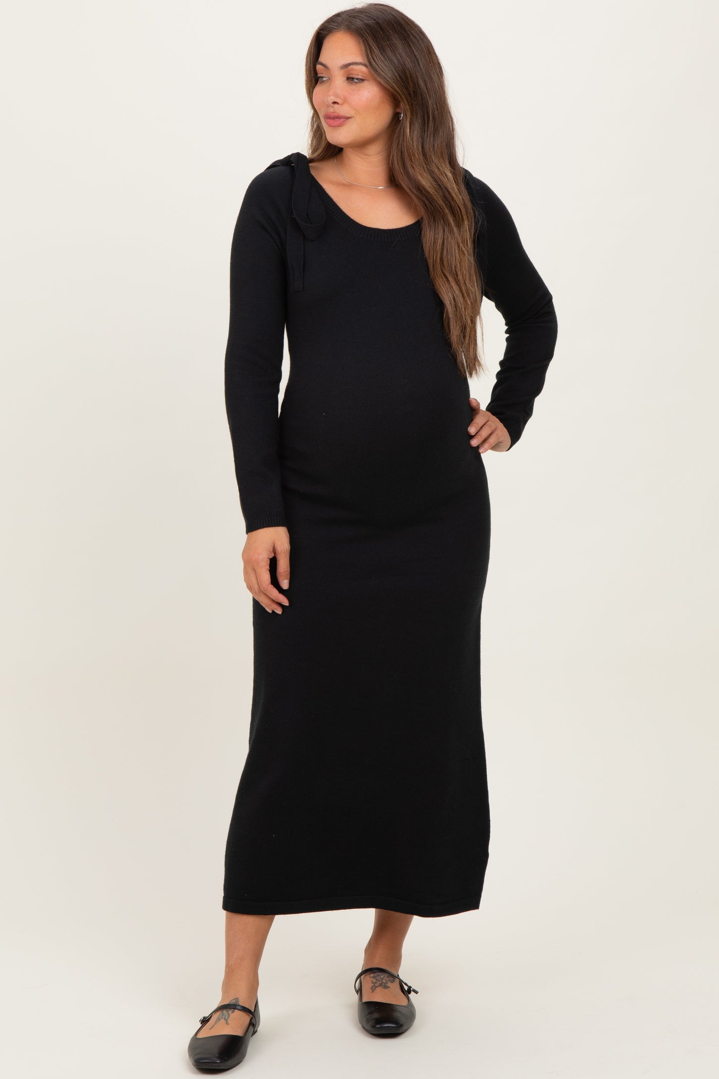 Black Bow Shoulder Knit Maternity Dress