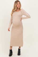 Beige Bow Shoulder Maternity Knit Dress