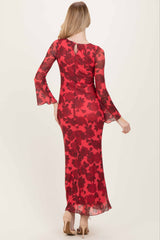 Red Floral Bell Sleeve Maxi Dress