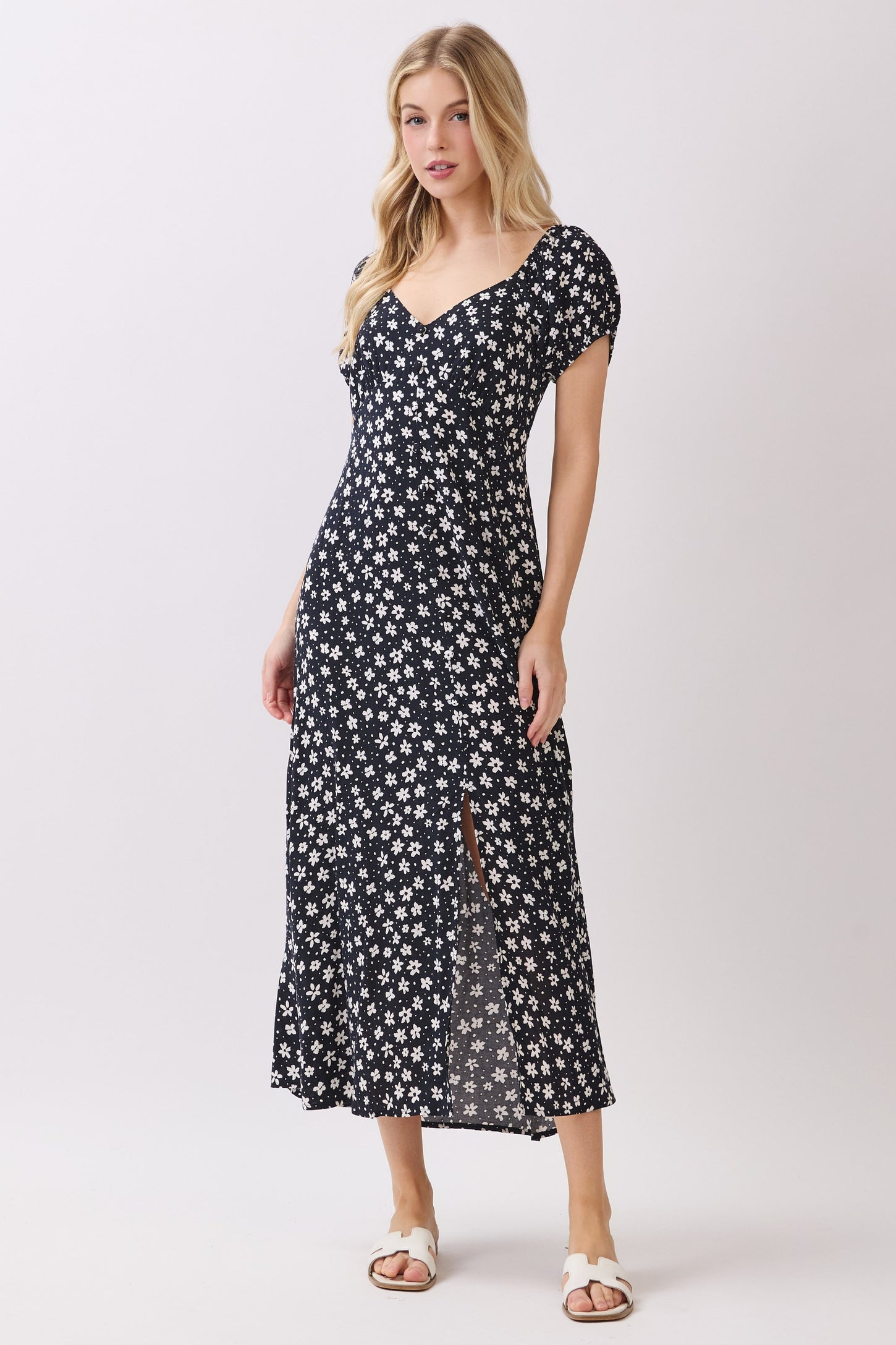 Black Floral V-Neck Button Detail Maternity Midi Dress