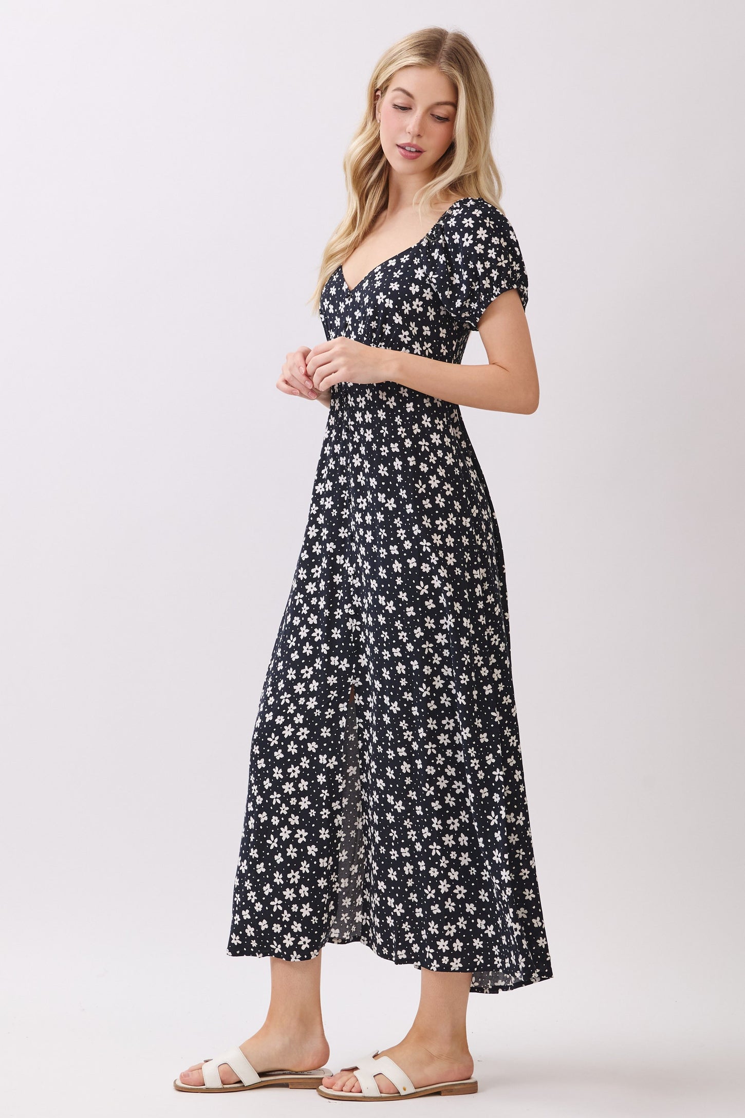 Black Floral V-Neck Button Detail Midi Dress