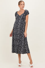 Black Floral V-Neck Button Detail Maternity Midi Dress