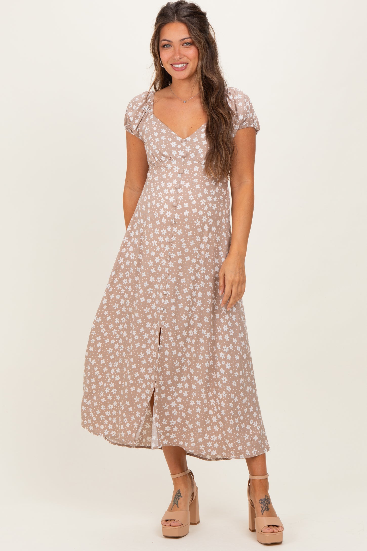 Beige Floral V-Neck Button Detail Maternity Midi Dress