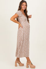 Beige Floral V-Neck Button Detail Maternity Midi Dress