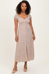 Beige Floral V-Neck Button Detail Maternity Midi Dress