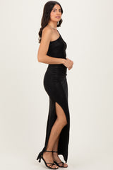 Black Glitter One Shoulder Side Slit Maxi Dress