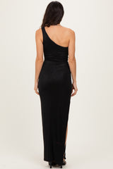 Black Glitter One Shoulder Side Slit Maxi Dress