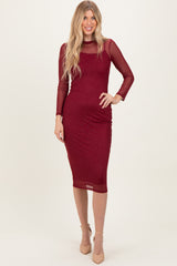 Burgundy Printed Mesh Long Sleeve Maternity Midi Dress