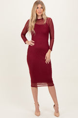 Burgundy Printed Mesh Long Sleeve Midi Dress