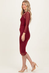 Burgundy Printed Mesh Long Sleeve Midi Dress
