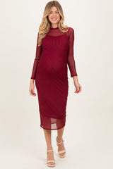 Burgundy Printed Mesh Long Sleeve Maternity Midi Dress