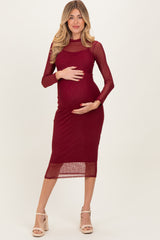 Burgundy Printed Mesh Long Sleeve Maternity Midi Dress