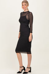 Black Printed Mesh Long Sleeve Midi Dress