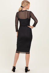 Black Printed Mesh Long Sleeve Midi Dress