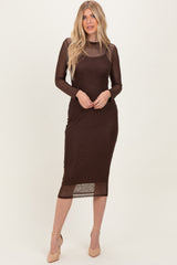 Brown Printed Mesh Long Sleeve Midi Dress