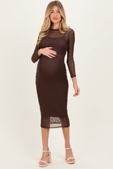 Brown Printed Mesh Long Sleeve Maternity Midi Dress