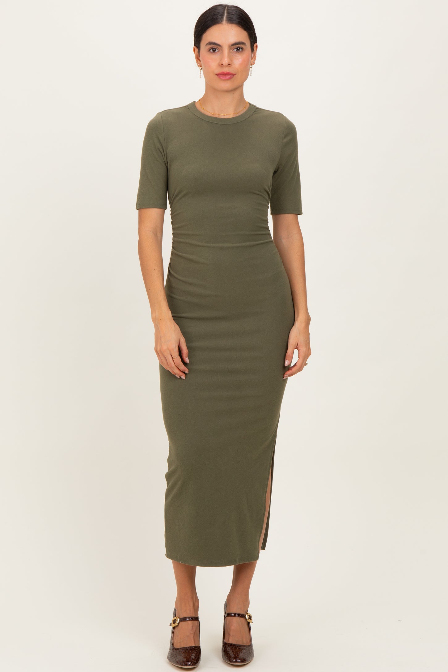 Olive Ruched Side Slit Midi Dress
