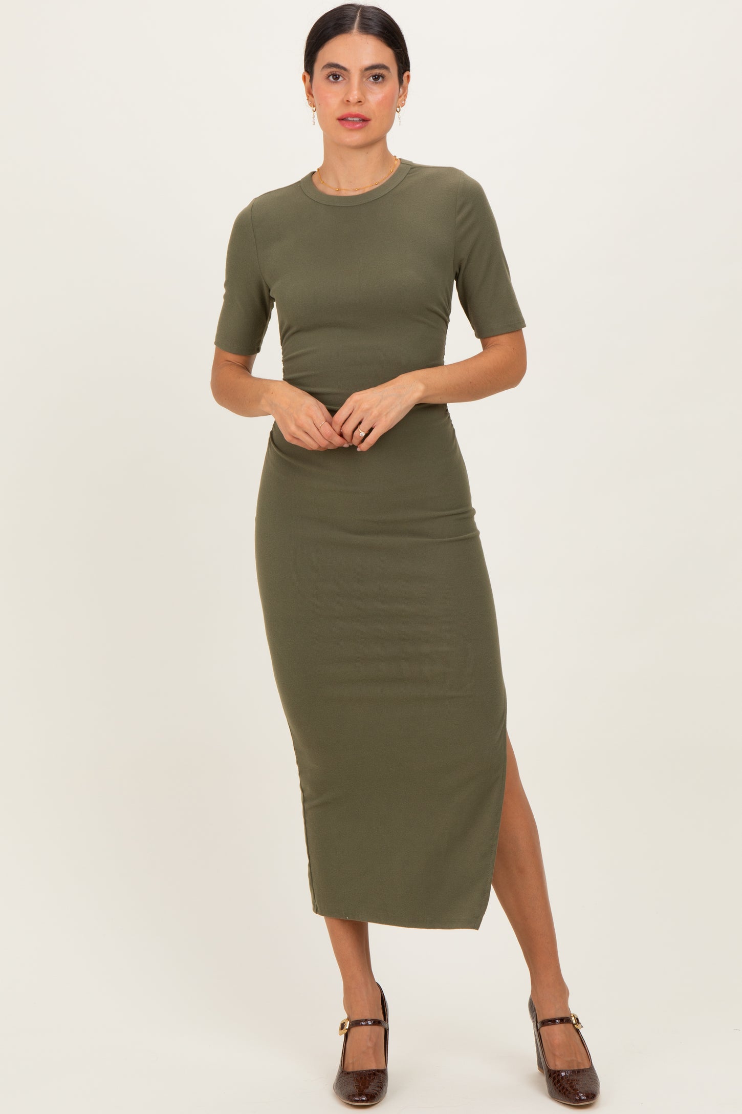 Olive Ruched Side Slit Midi Dress