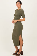 Olive Ruched Side Slit Midi Dress